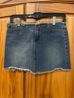 VINTAGE  SPACEGIRLZ ~ Denim Mini Skirt - Blue Frayed Hem/ Light distressed